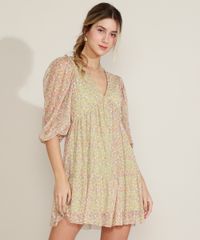 Vestido-Feminino-Curto-em-Tule-Estampado-Floral-Manga-3-4-Decote-em-V-Verde-Claro-9973158-Verde_Claro_1