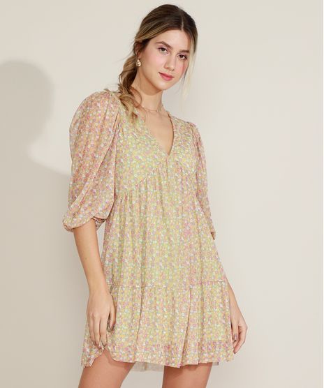 Vestido-Feminino-Curto-em-Tule-Estampado-Floral-Manga-3-4-Decote-em-V-Verde-Claro-9973158-Verde_Claro_1