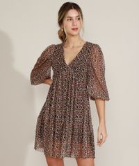 Vestido-Feminino-Curto-em-Tule-Estampado-Floral-Manga-3-4-Decote-em-V-Preto-9973158-Preto_1