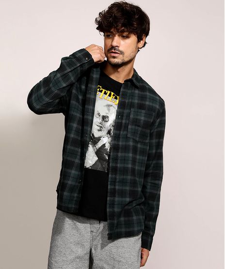 Camisa-de-Flanela-Masculina-Tradicional-Estampada-Xadrez-Manga-Longa-Verde-9813191-Verde_1