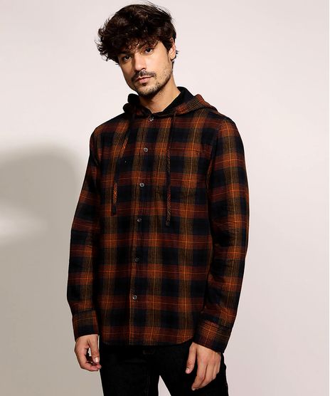 Camisa-de-Flanela-Masculina-Tradicional-Estampada-Xadrez-com-Capuz-Manga-Longa-Caramelo-9859698-Caramelo_1