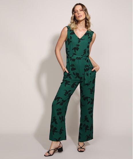 Macacao-Feminino-Estampado-Floral-com-Faixa-para-Amarrar-Sem-Manga-Decote-V-Verde-Escuro-9890548-Verde_Escuro_1