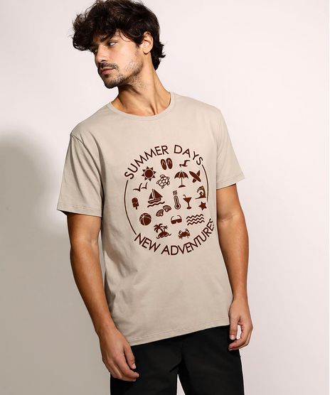 Camiseta-Masculina--Summer-Days--Flocada-Manga-Curta-Gola-Careca-Bege-9957590-Bege_1