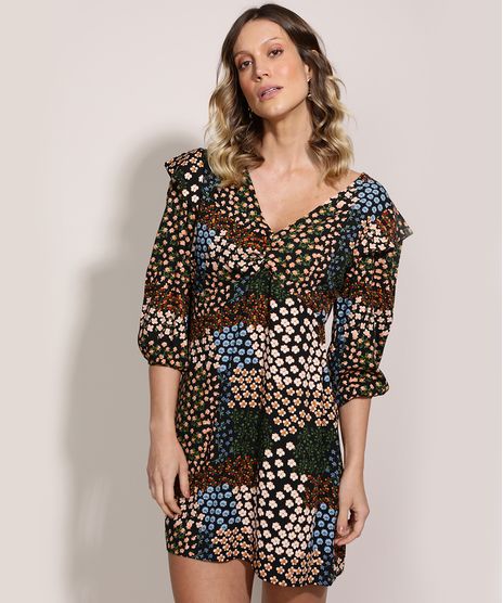Vestido-Feminino-Muscle-Dress-Curto-Estampado-Floral-Manga-3-4-Preto-9963018-Preto_1