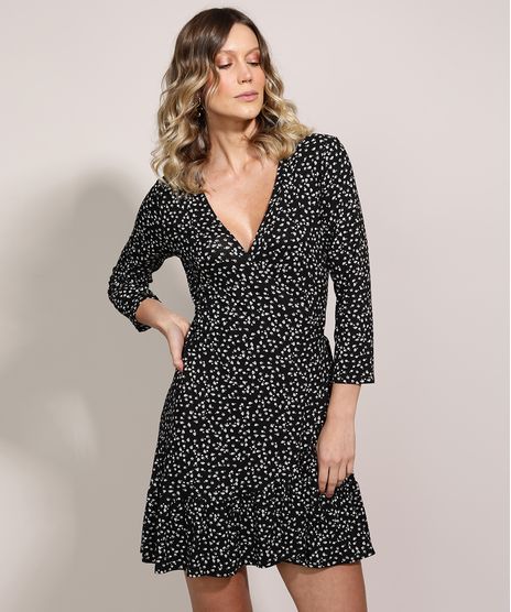 Vestido-Feminino-Curto-Estampado-Floral-com-Transpasse-e-Babado-Manga-3-4-Decote-V-Preto-9961291-Preto_1