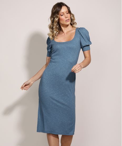 Vestido-Feminino-Midi-Comfy-com-Fenda-Manga-Curta-Bufante-Azul-9961294-Azul_1