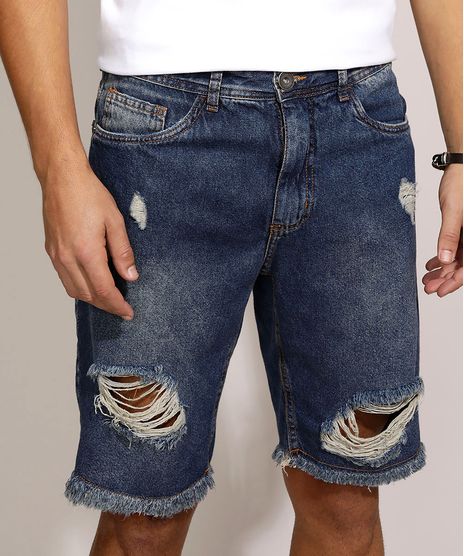 Bermuda-Jeans-Masculina-Slim-Destroyed-com-Bolsos-Azul-Escuro-9962613-Azul_Escuro_1
