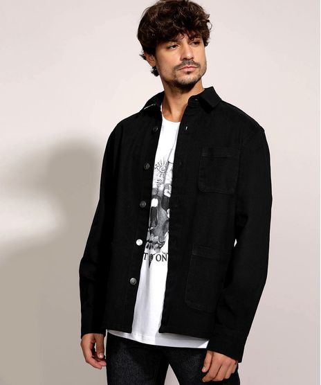 Camisa-de-Sarja-Masculina-Overshirt-com-Bolsos-Manga-Longa-Preta-9944966-Preto_1
