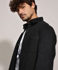 Camisa-de-Sarja-Masculina-Overshirt-com-Bolsos-Manga-Longa-Preta-9944966-Preto_4