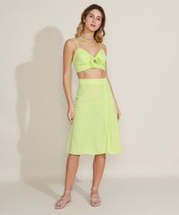 Saia-Feminina-Midi-Estampada-de-Poa-com-Recorte-Botoes-e-Fenda-Verde-Neon-9959748-Verde_Neon_3