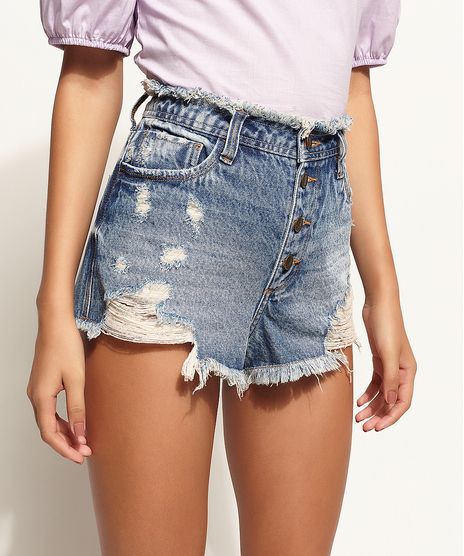 Short-Jeans-Feminino-Cintura-Alta-Lateral-Curta-Destroyed-com-Botoes-e-Cos-Desfiado-Azul-Medio-9970192-Azul_Medio_1