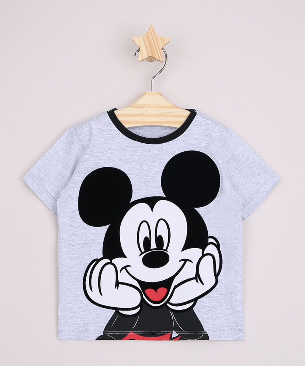 Camiseta Infantil Mickey Flocada Manga Curta Cinza Mescla