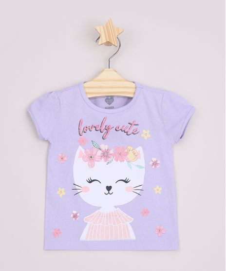 Blusa-Infantil-Gatinha--Lovely-Cute--com-Glitter-Manga-Curta-Lilas-9964681-Lilas_1
