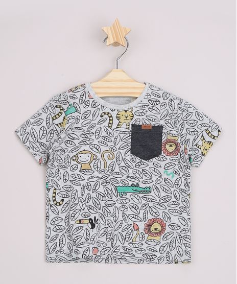 Camiseta-Infantil-Estampada-de-Animais-com-Bolso-Manga-Curta-Cinza-Mescla-9963410-Cinza_Mescla_1