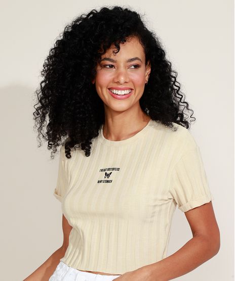 Blusa-Feminina-Cropped-Canelada-com-Bordado--I-ve-Got-Butterflies-in-my-Stomach--Manga-Curta-Decote-Redondo-Bege-Claro-9957474-Bege_Claro_1