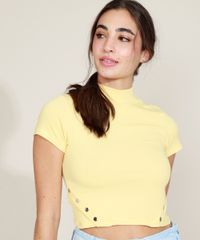 Blusa-Feminina-Canelada-com-Botoes-Manga-Curta-Gola-Alta-Amarela-9957943-Amarelo_1