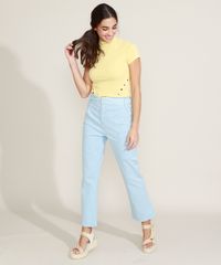 Blusa-Feminina-Canelada-com-Botoes-Manga-Curta-Gola-Alta-Amarela-9957943-Amarelo_3