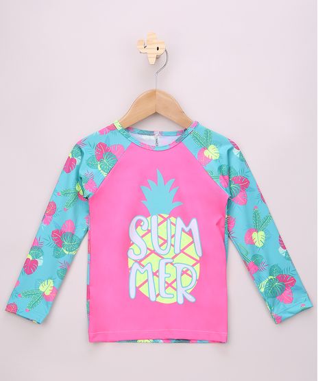 Blusa-de-praia-Infantil-Raglan-Estampada-de-Folhagens-com-Protecao-UV50--Rosa-9867352-Rosa_1