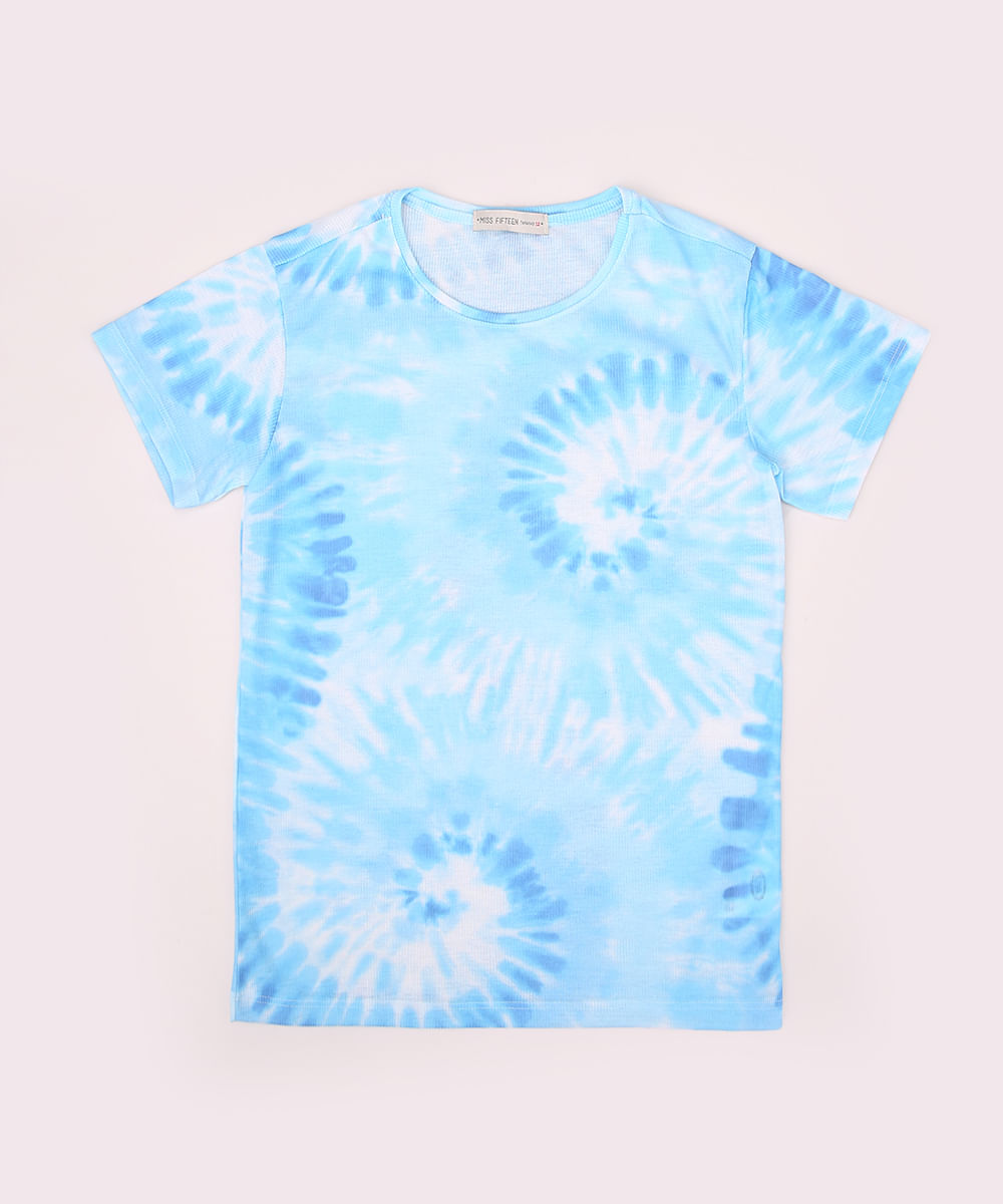 Blusa Juvenil Estampada Tie Dye Espiral Manga Curta Azul