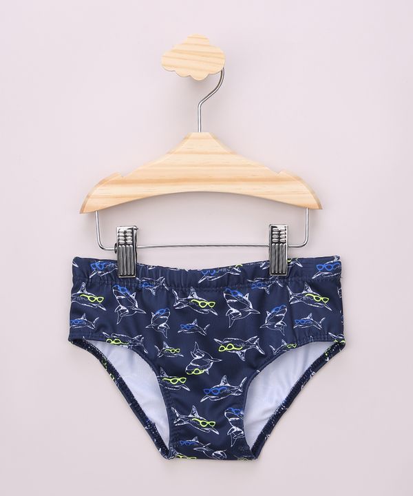 Sunga Infantil Slip Estampada de Tubarões com Proteção UV50+ Azul Marinho 8
