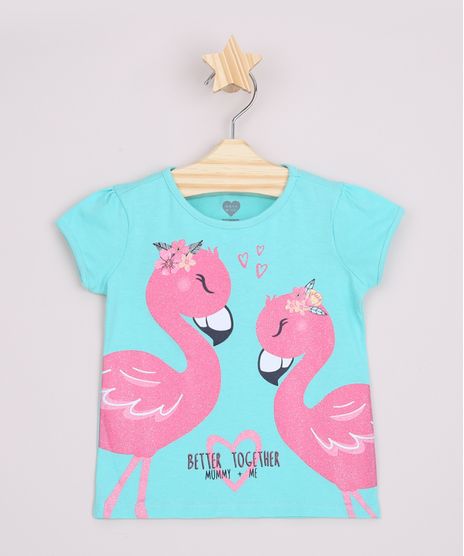Blusa-Infantil-Flamingos-com-Glitter-Manga-Curta-Verde-Agua-9964684-Verde_Agua_1