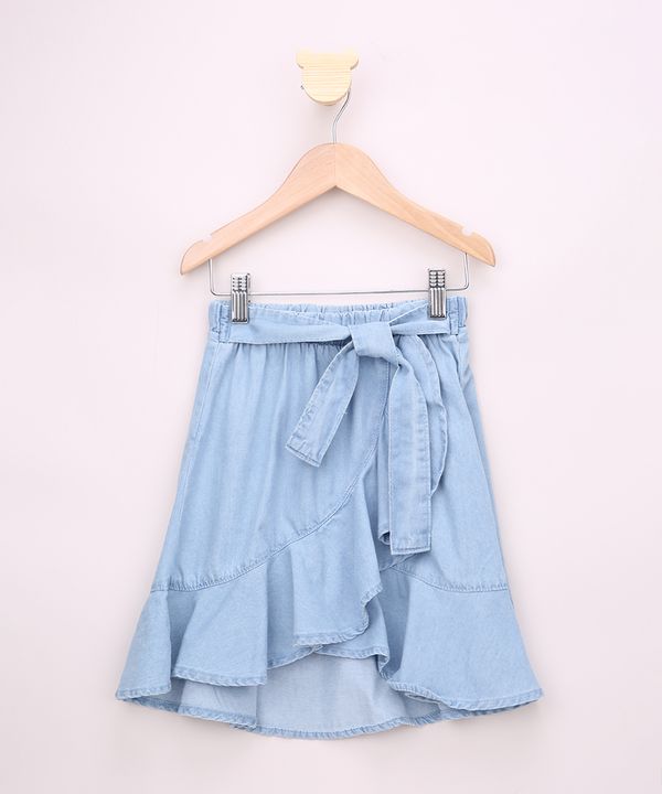 Saia Jeans Infantil Midi Transpassada com Babado e Faixa para Amarrar Azul Claro 6