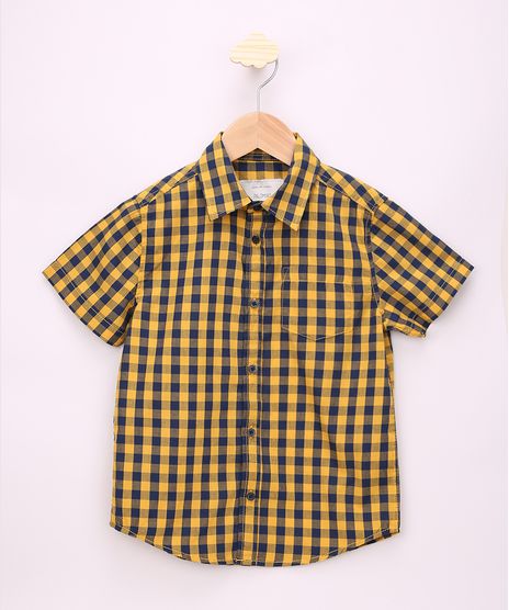 Camisa-Infantil-Estampada-Xadrez-com-Bolso-Manga-Curta-Amarelo-9808447-Amarelo_1