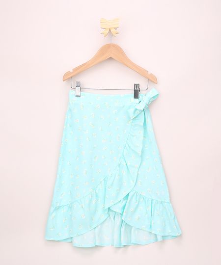 Saia-Jeans-Infantil-Midi-Transpassada-Estampada-Floral-com-Babado-e-Laco-Verde-Agua-9964813-Verde_Agua_1