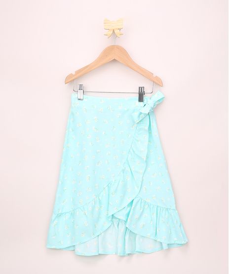 Saia-Jeans-Infantil-Midi-Transpassada-Estampada-Floral-com-Babado-e-Laco-Verde-Agua-9964813-Verde_Agua_1