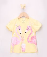 Blusa-Infantil-Flamingos-com-Glitter-Manga-Curta-Amarela-9965733-Amarelo_1