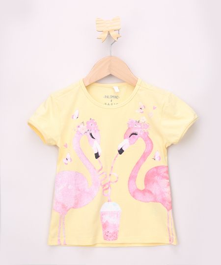 Blusa-Infantil-Flamingos-com-Glitter-Manga-Curta-Amarela-9965733-Amarelo_1