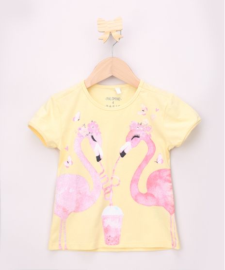 Blusa-Infantil-Flamingos-com-Glitter-Manga-Curta-Amarela-9965733-Amarelo_1