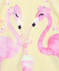 Blusa-Infantil-Flamingos-com-Glitter-Manga-Curta-Amarela-9965733-Amarelo_3
