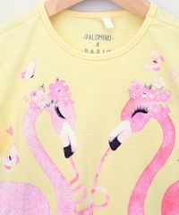 Blusa-Infantil-Flamingos-com-Glitter-Manga-Curta-Amarela-9965733-Amarelo_4