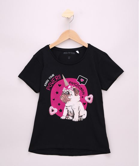 Blusa-Juvenil-Pug--Know-Your-Power--Flocada-Manga-Curta-Preta-9967476-Preto_1