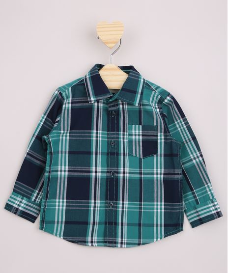 Camisa Infantil Xadrez com Bolso Festa de São João Manga Longa Verde