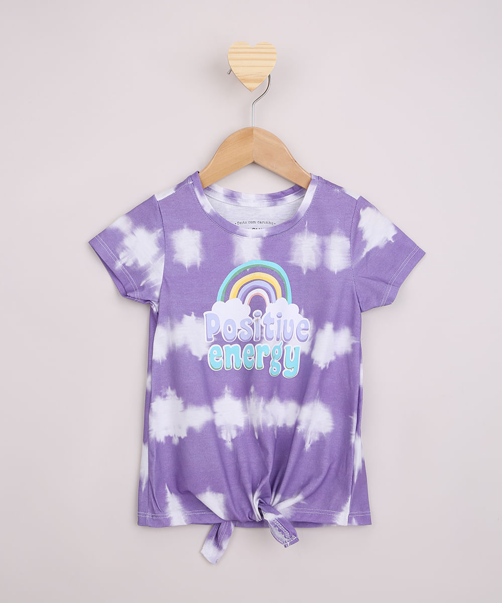 Blusa Infantil Estampada Tie Dye "Positive Energy" Manga Curta com Nó Lilás