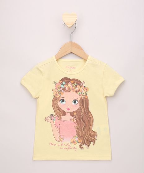 Blusa-Infantil-Menina-com-Flores-e-Glitter-Manga-Curta-Amarela-9968353-Amarelo_1