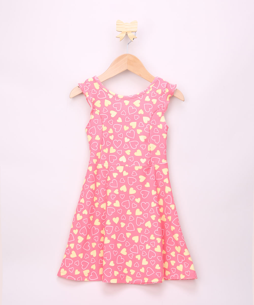 Vestido Infantil Texturizado Estampado de Corações com Vazado e Babado Alça Larga Rosa