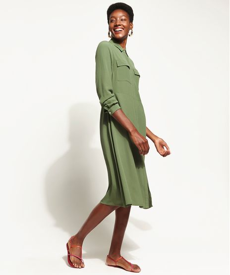 Vestido-Chemise-Feminino-DVF-Midi-com-Bolsos-Manga-Longa-Verde-Militar-9954225-Verde_Militar_1