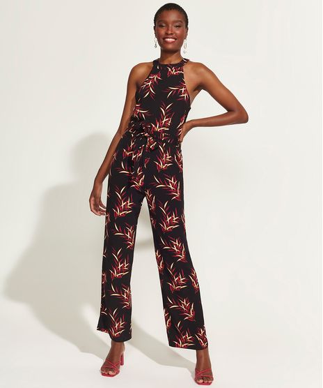 Macacao-Feminino-DVF-Halter-Neck-Estampado-Folhas-com-Faixa-para-Amarrar-Preto-9954215-Preto_1