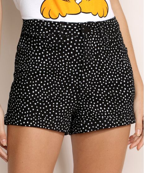 Short-Feminino-de-Sarja-Estampado-Poa-Cintura-Alta-com-Bolsos-Preto-9966777-Preto_1