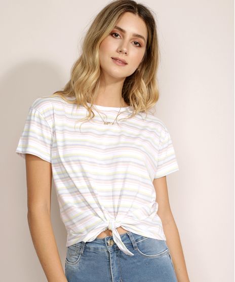 Blusa-Feminina-Estampada-Listrada-com-No-Manga-Curta-Decote-Redondo-Off-White-9960334-Off_White_1