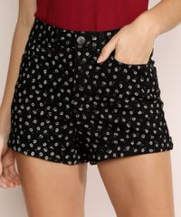 Short-Feminino-de-Sarja-Estampado-Floral-Cintura-Alta-com-Bolsos-Preto-9966776-Preto_1
