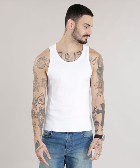 Regata Branca Canelada Masculina Frente Regata Branca Canelada Masculina Frente