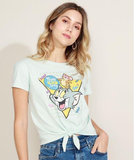 Blusa-Feminina-Tom-e-Jerry-com-No-Manga-Curta-Decote-Redondo-Verde-Claro-9967452-Verde_Claro_1