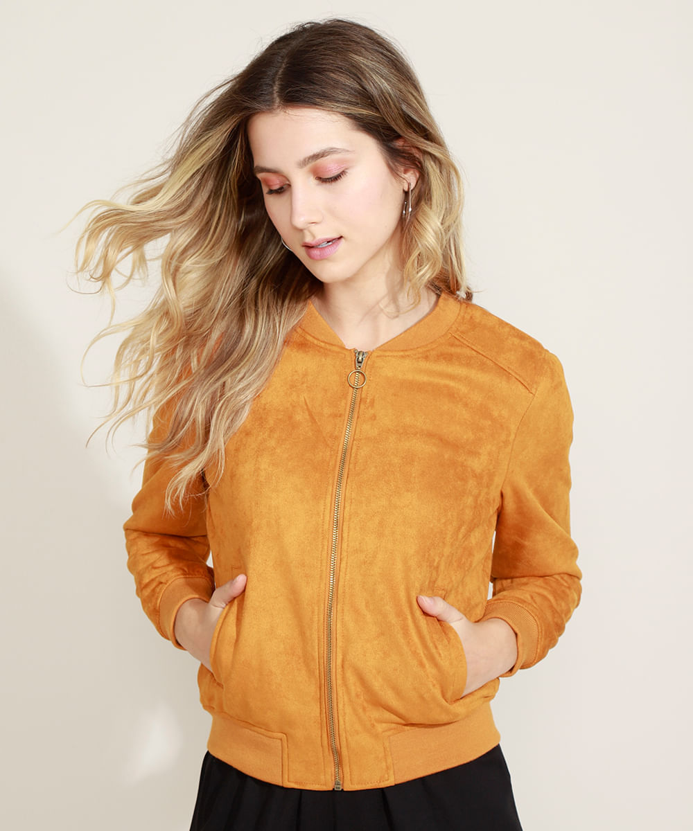 jaqueta suede caramelo feminina