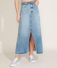 Saia-Jeans-Feminina-Longa-com-Fenda-com-Puidos-e-Cinto-Azul-Medio-9963964-Azul_Medio_1