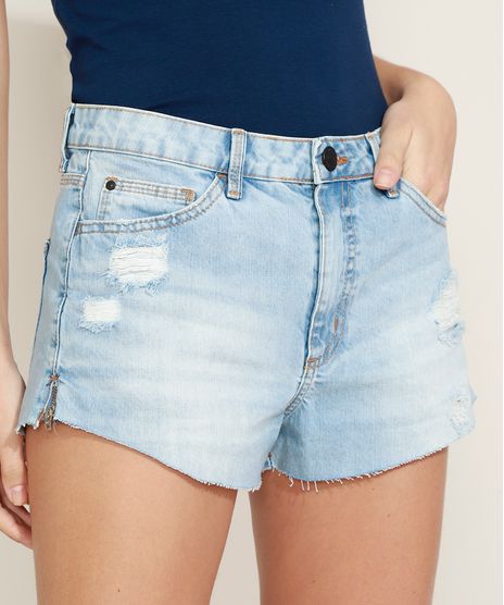 Short-Jeans-Feminino-Destroyed-Cintura-Alta-com-Ziper-na-lateral-Bolsos-Azul-Claro-9970188-Azul_Claro_1