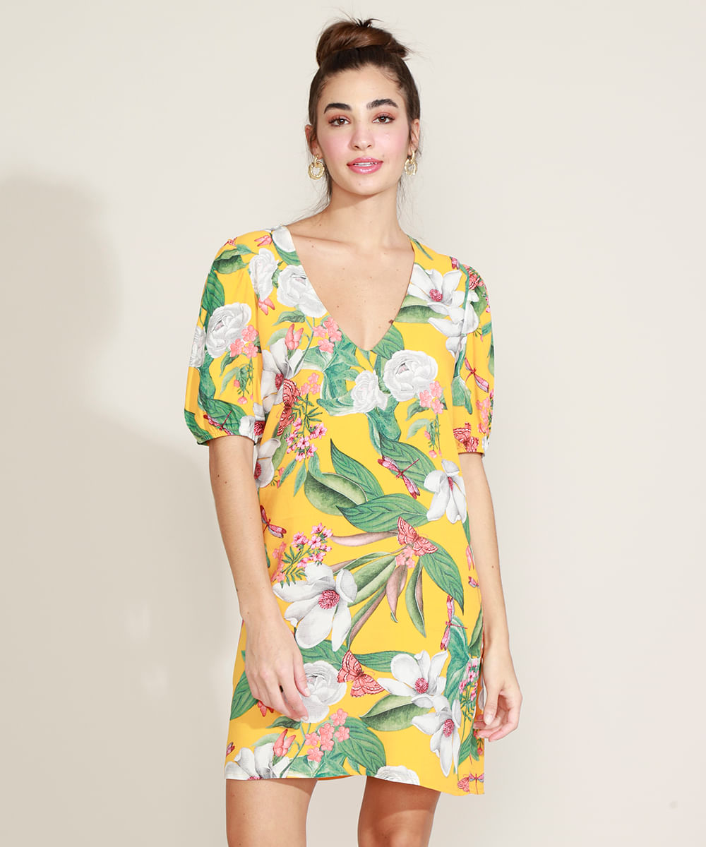 Vestido Feminino Estampado Floral Manga Curta Bufante Decote V Amarelo